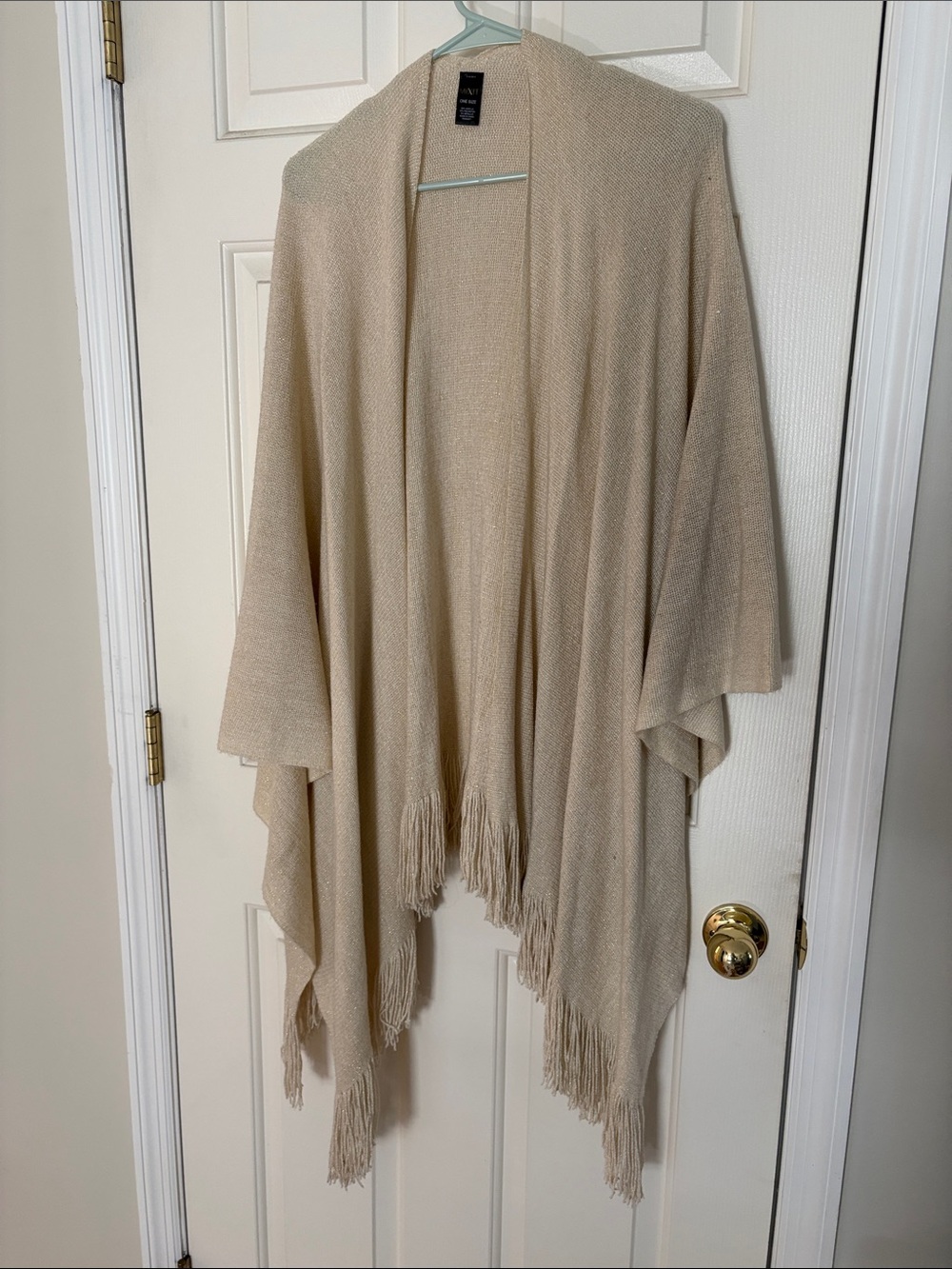 Sparkly Light Cream Fringed Open-Front Sweater Poncho
